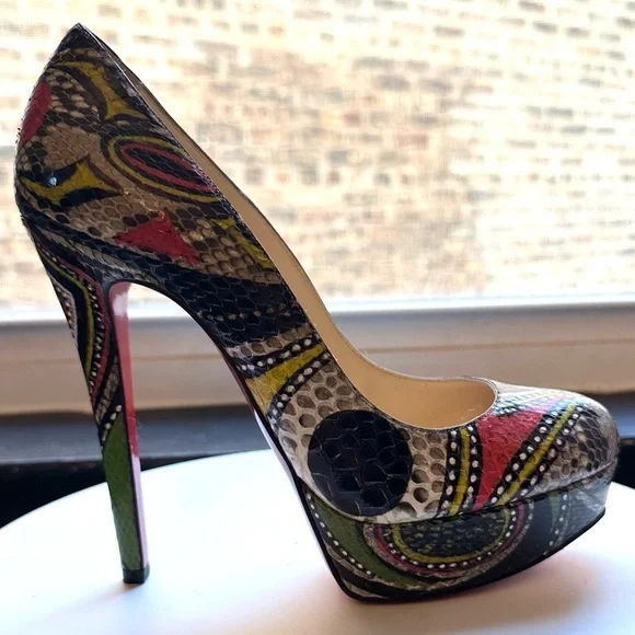 🌺 CHRISTIAN LOUBOUTIN 🌺 👠 Python Bianca Masai Platform Pumps 37.5 Multicolor - Picture 3 of 10